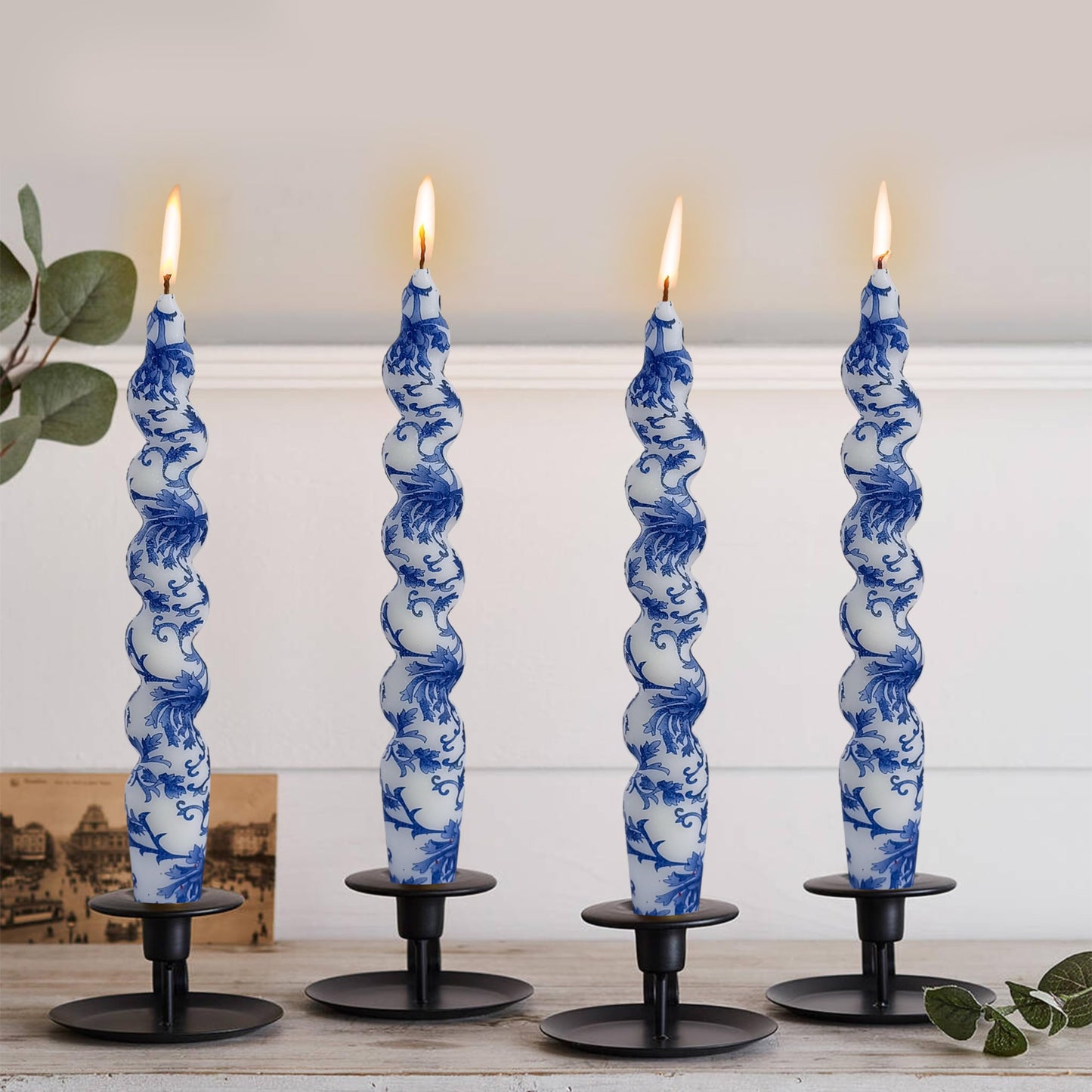 Twisted Candlesticks Spiral Taper Candles Odorless Candle Sticks Hand Printing Flowers Candlesticks Unscented Twirl Candles Easter Taper Candles for Home Dinner Decor Party Wedding Mother's Day Gifts