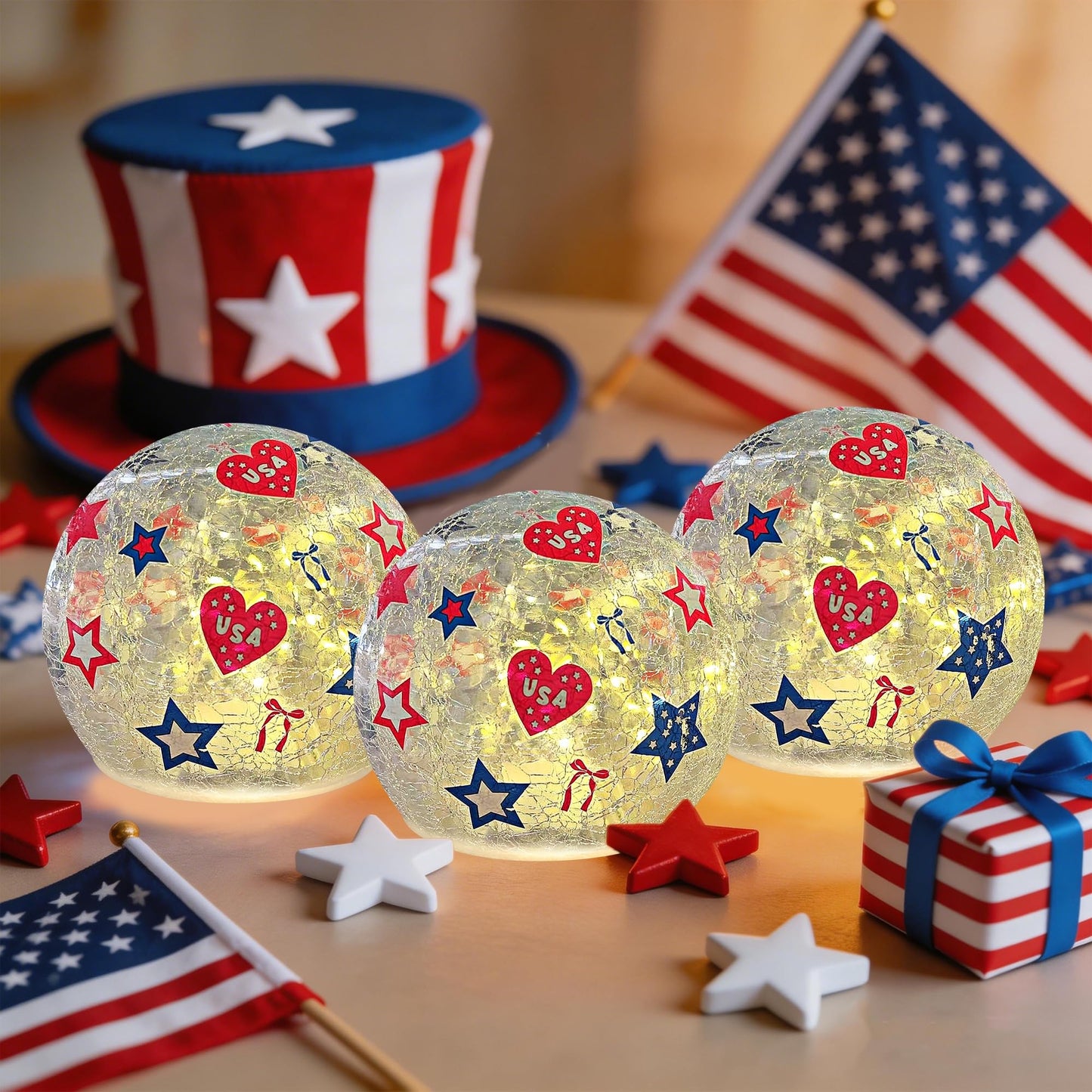 3PCS Independence Day Decorative Lights, 3.93-inch Independence Day Desktop Decoration LED Night Light, Cracked Glass Ball Light with Timer, 4th of July Decoration (Love)