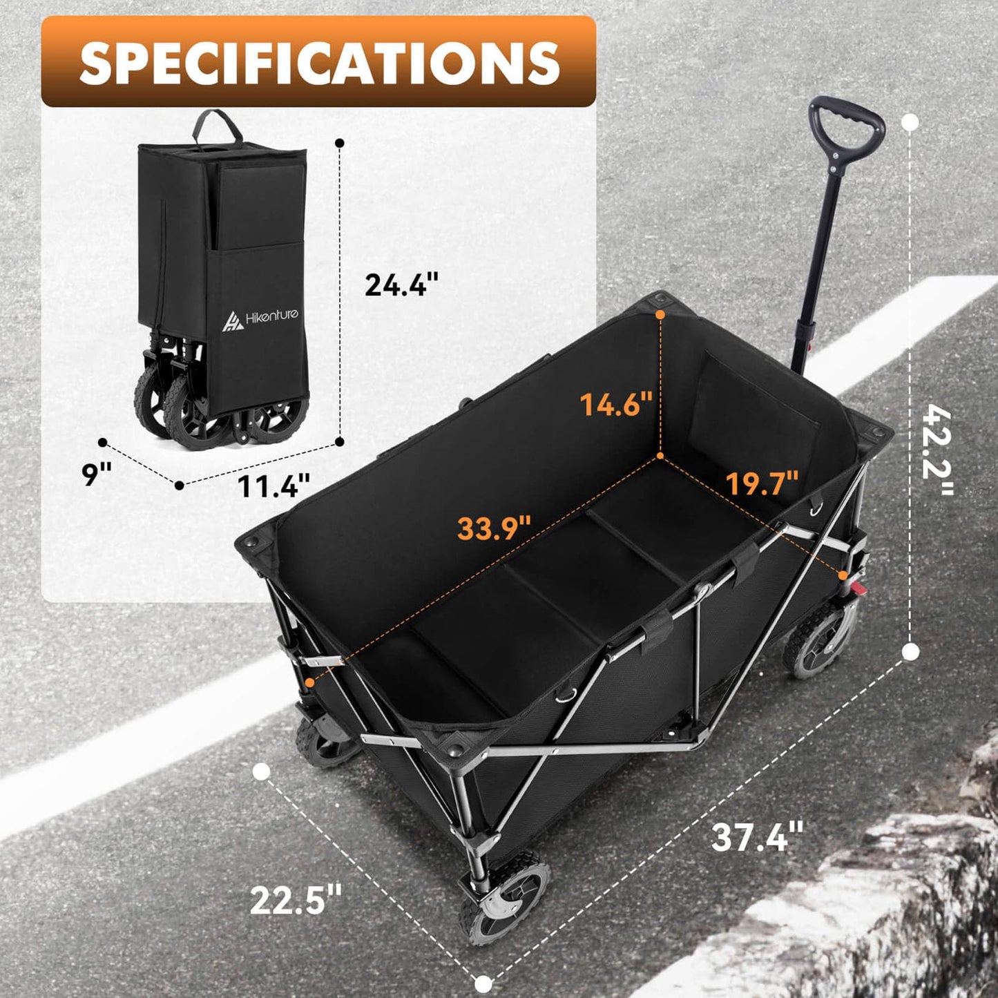 Hikenture Folding Wagon Cart, Portable Large Capacity Beach Wagon, Heavy Duty Utility Collapsible Wagon with All-Terrain Wheels, Outdoor Garden Cart Foldable Wagon for Sports, Shopping, Camping(Black)