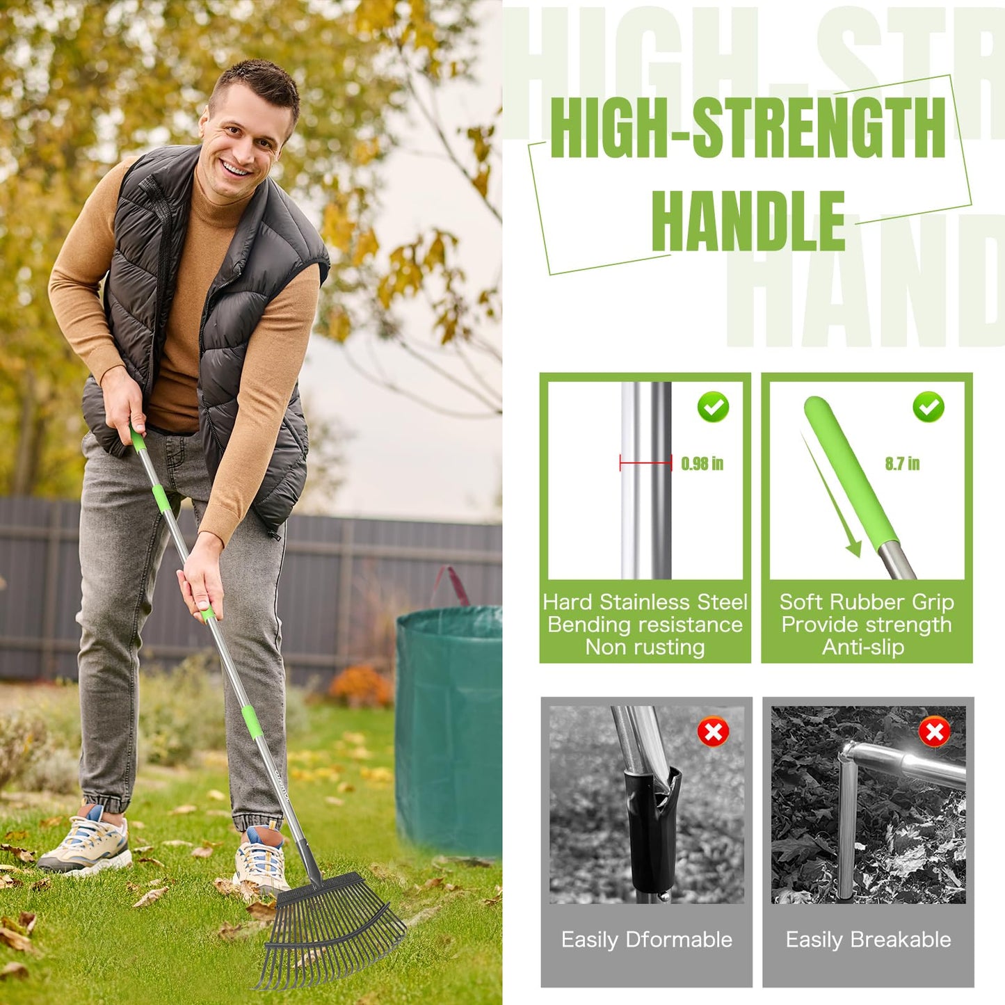 JOYHALO 65 Inch Rake for Leaves, 25 Tines Metal Leaf Rake Set with 32 Gallon Leaf Bags Scoops, Garden Rakes 18in Wide, Rakes for Gardening Lawns Yard Outdoor Camping Shrub Grass Bush