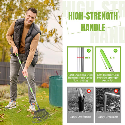 JOYHALO 65 Inch Rake for Leaves, 25 Tines Metal Leaf Rake Set with 32 Gallon Leaf Bags Scoops, Garden Rakes 18in Wide, Rakes for Gardening Lawns Yard Outdoor Camping Shrub Grass Bush