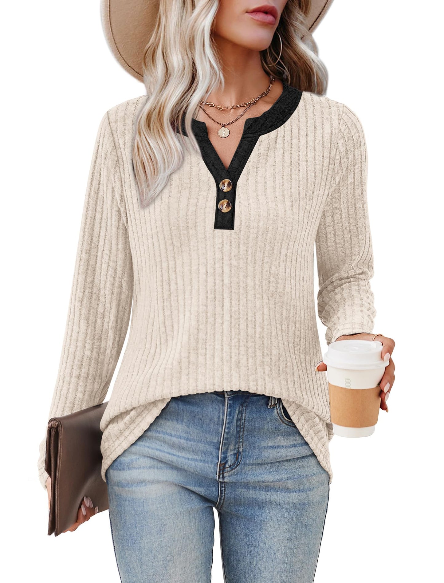 SAMPEEL Womens Sweaters Lightweight Long Sleeve Shirts V Neck Tops with Button Fall Outfits 2025