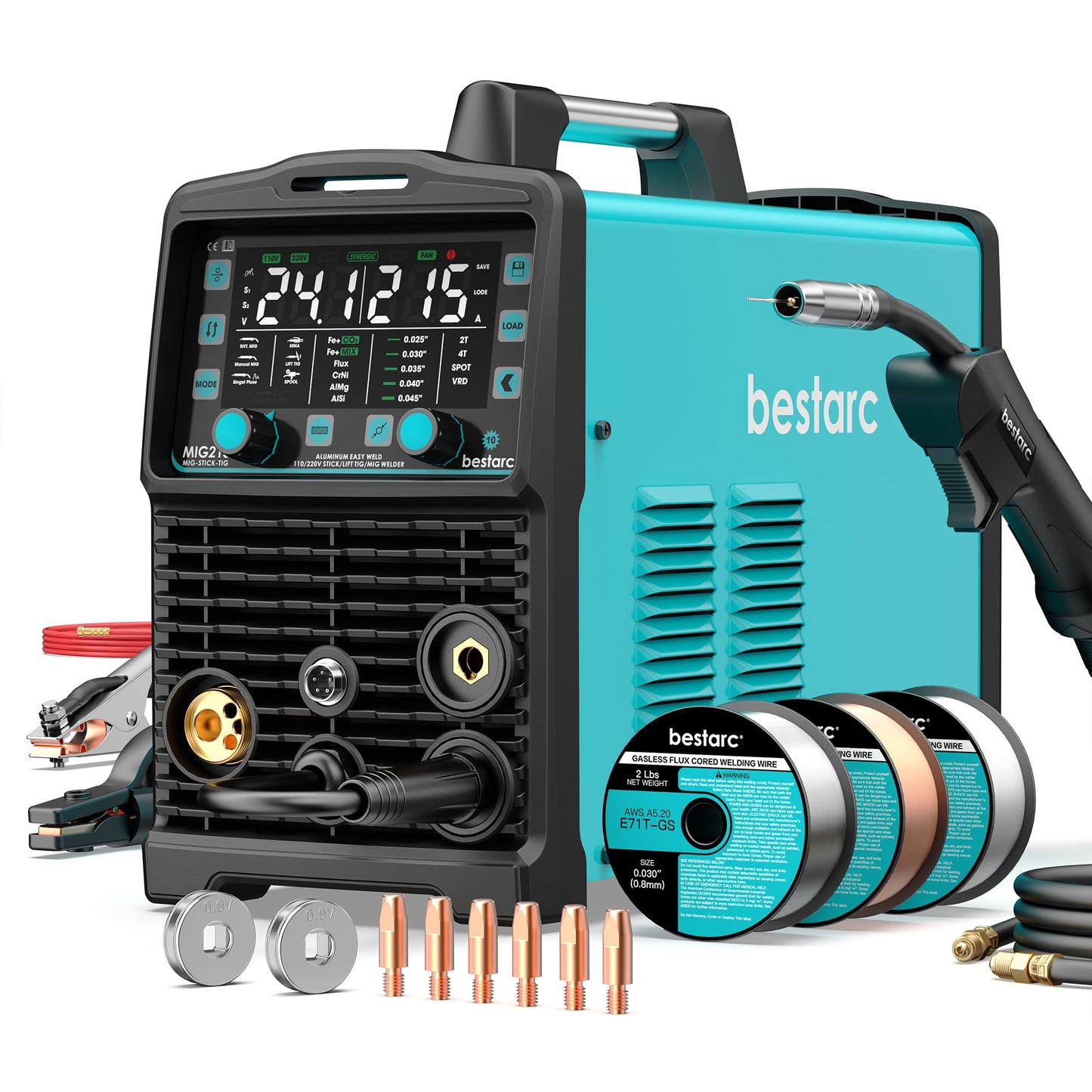 bestarc 215Amp MIG Welder, 110V 220V Gas MIG/Flux Core MIG/Stick/Lift TIG/Spool Gun/Spot Welding 7 IN 1 Aluminum Welding Machine, IGBT Multiprocess bestarc Welder with Synergy, Spool Gun Compatible