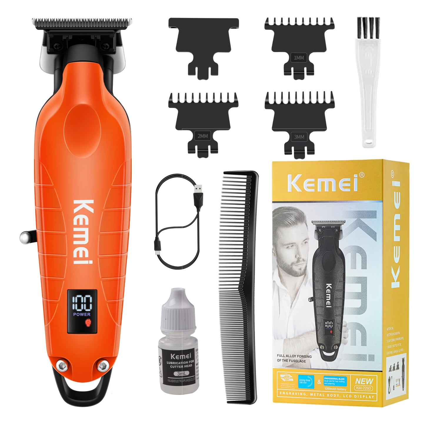 KEMEI 2293 Professional Hair/Beard Trimmer for Men Zero Gapped Hair Clippers for Barber with T Blade, Cordless Rechargeable