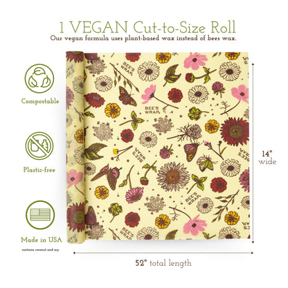 Bee's Wrap Vegan Beeswax Wraps for Food - Cut to Size 14x52" Beeswax Wrap Roll - Plastic Free Made in USA Reusable Natural Food Wrap - Meadow Magic