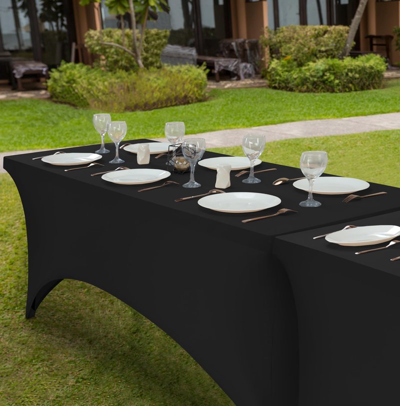 Utopia Kitchen 8FT Spandex Tablecloth [2 Pack, Black] 200 GSM Stretch, Fitted, Washable and Wrinkle Resistant Table Cloth Rectangle Cover for Trade Shows, Wedding, Parties [96Lx30Wx30H Inch]