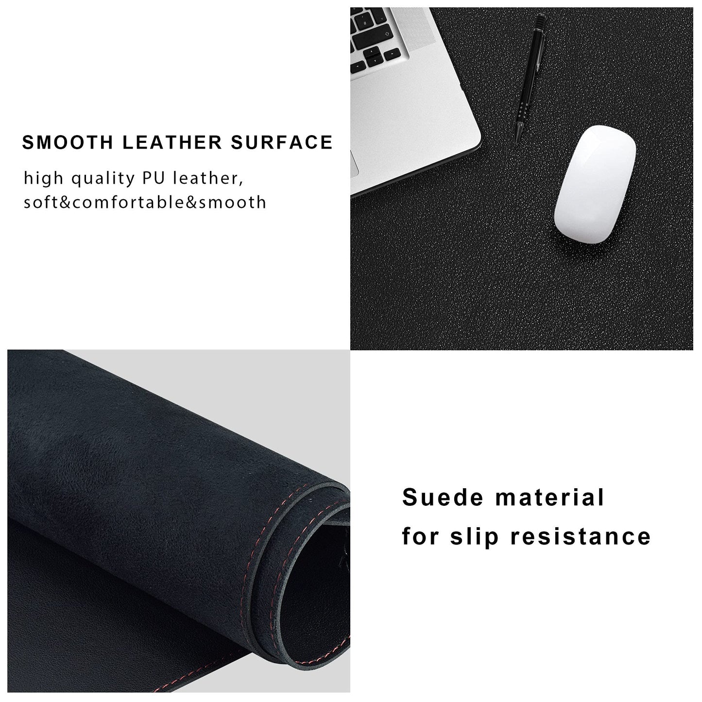ZORESYN PU Leather Desk Mat Waterproof Anti-Oil Dining Table mat - 170x50cm - Non-Slip Mouse Pad, Large Desk Pad with Suede Base,Stitched Edges Computer Desk Mat for Gamer, Office & Home | Black