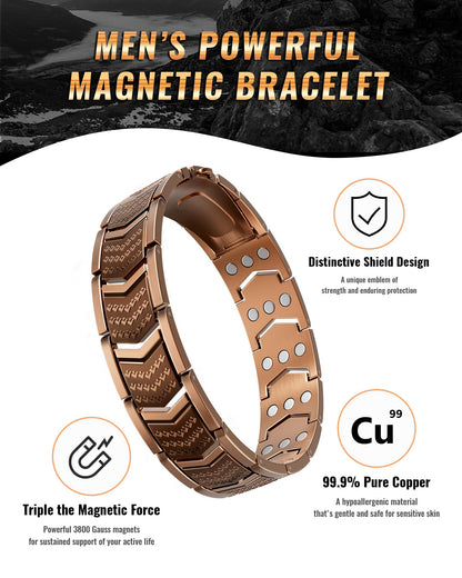 vapeples Copper Bracelet for Men,3X Magnetic,3800 Gauss,99.99% Pure Copper Magnetic Bracelets for Men, Power Balance,Shield Design,Gift Box Packaging With Adjustment Tool