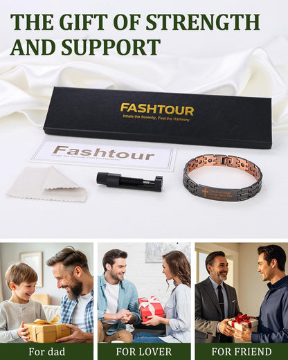 Fashtour Copper Cross Bracelet for Men, Ultra Strength Magnetic Jewelry, Rice-Ear Design Adjustable Copper Biblical Cross Bracelet with Sizing Tool & Box (Black-Philip 4:13)