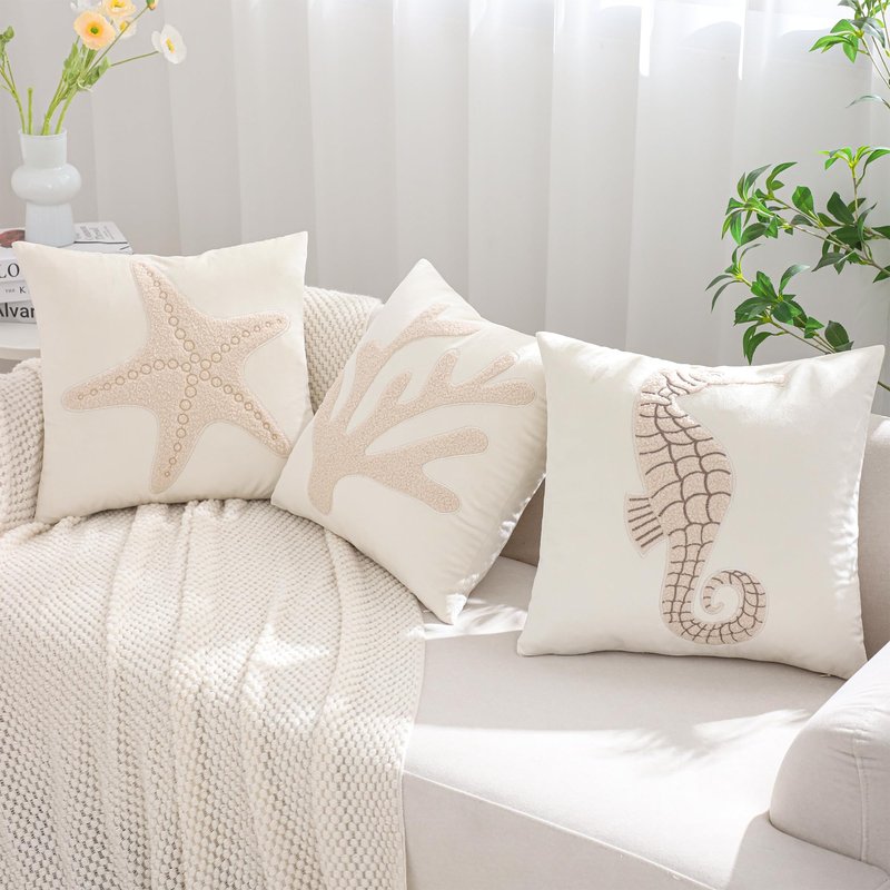 Tosleo Coastal Throw Pillow Covers 18x18 Pack of 2 Beige Seahouse Embroidered Pillow Covers Beach Velvet Pillow Cushion Cases Farmhouse Decor Ocean Themed Pillowcase for Summer