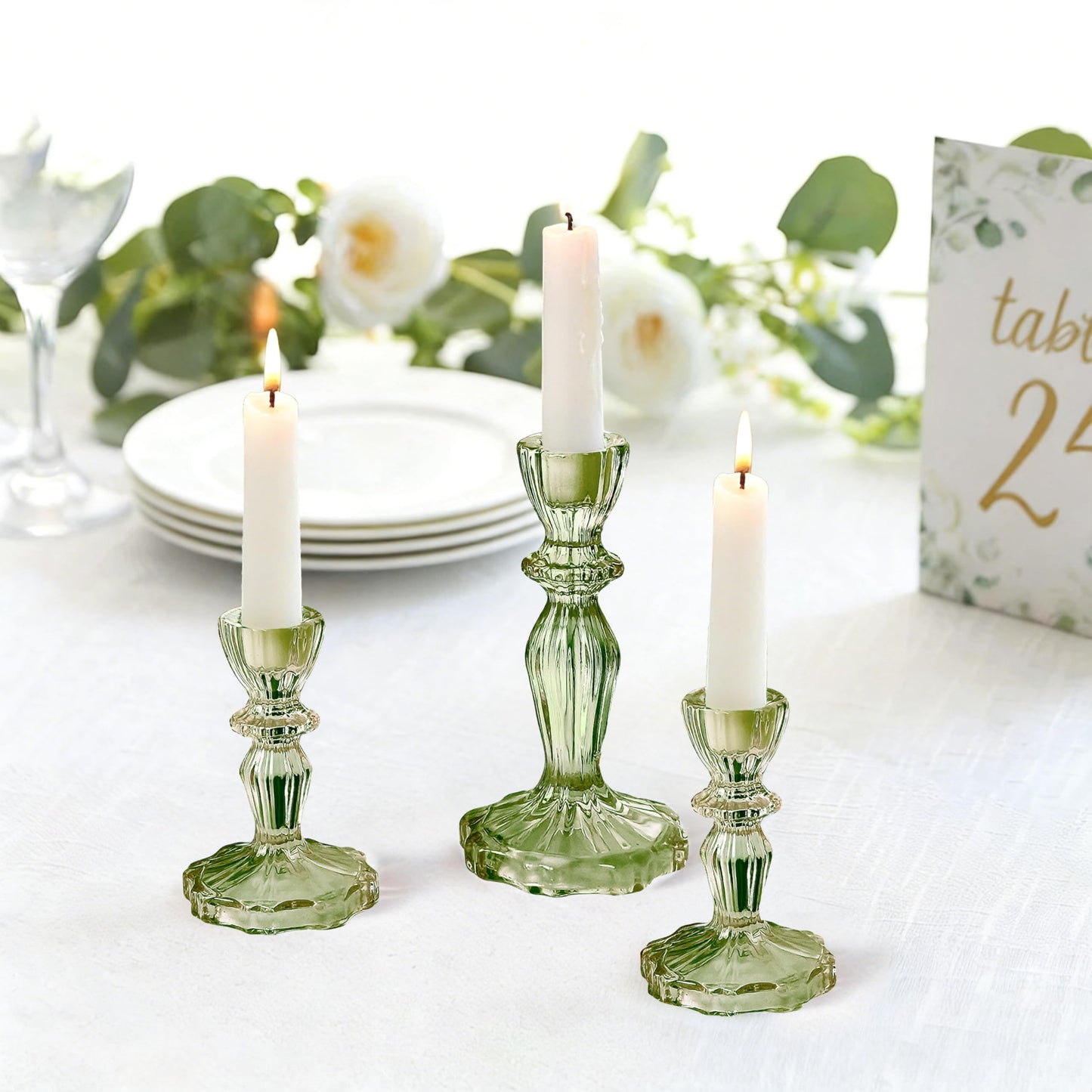 CHOCSTAY Glass Candlestick Holders Set of 3, Green Stripe Taper Candle Holders for Table Centerpiece, Home Decorations, Wedding and Party