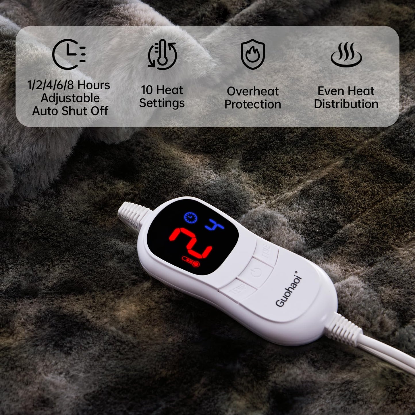Guohaoi Heated Blanket Electric Throw, Soft Faux Rabbit Fur Electric Blanket with 10 Heating Levels 5 Sitting Timer Auto Off, Cozy Warm Heating Blankets, Machine Washable(50"×60" Beige)