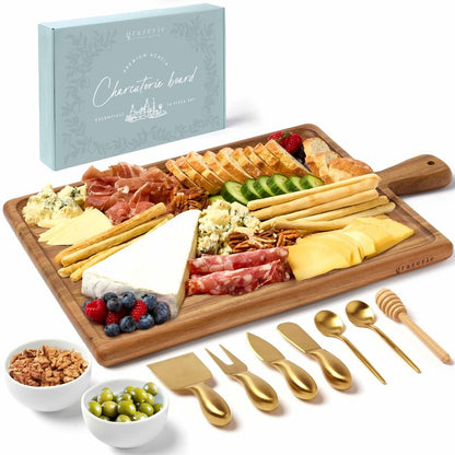 Grazerie Charcuterie Board Set - Acacia Cheese Board Serving Tray with Accessories - House Warming Gifts for New Home, Bridal Shower & Wedding Gift, Birthday Gifts for Women