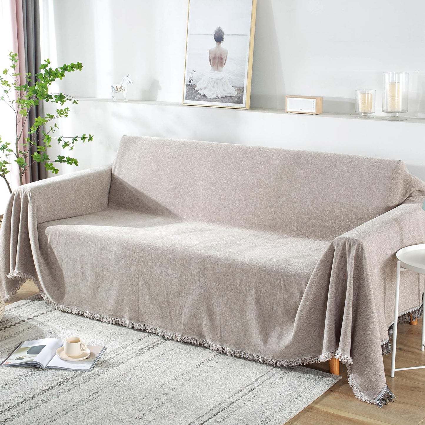 Foreate Extra Wide 91"x134" Chenille Sofa Cover Water Resistant Sofa Covers Washable Sectional Couch Covers for 2 3 Cushion, Tassel Edge Durable Couch Protector for Dogs (Khaki, 91"x134")