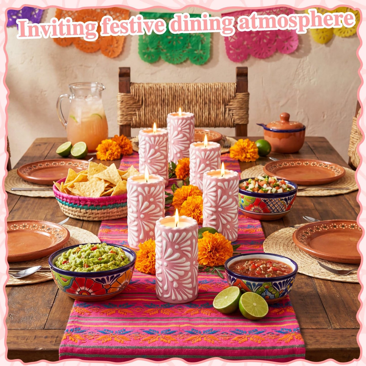 Lounsweer 4 Set Cielito Lindo Party Decorations Mexican Tequila Candle Talavera Mugs Candle for Fiesta Cinco De Mayo Birthday Bridal Shower Bachelorette May 5th Party Home Decor(Pink)