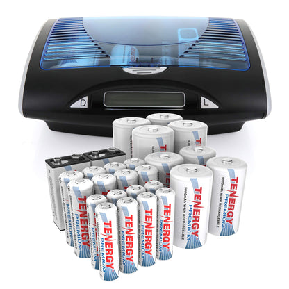 Tenergy T9688 LCD AA/AAA/C/D/9V NiMH/NiCd Battery Charger + Premium 26-Cell NiMH Rechargeable Battery 8AA/8AAA/4C/4D/2 9V Batteries