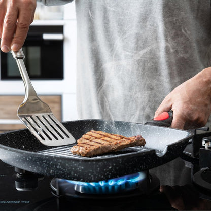 Moss & Stone Square Grill Pan for Indoor Cooking, 11-Inch Nonstick Griddle Skillet with Removable Handle, RV Die-Cast Aluminum Stove Top Grill Pan for Meats & Vegetables, Detachable Handle