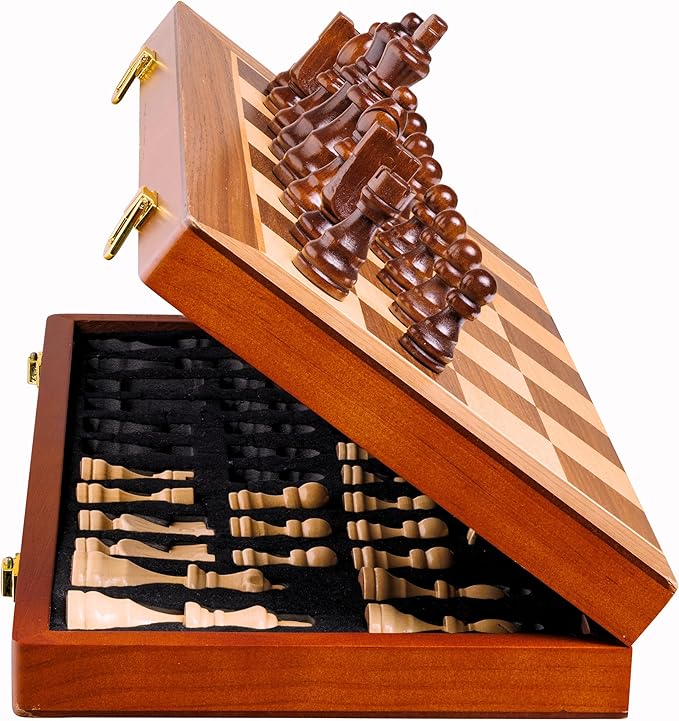 15'' 2 in 1 Wooden Magnetic chess and checkers set (2 Extra Queens Foldable Chess set &amp Cotton Storage Bag) Magnetic Chess Sets for Adults with Color Gift Box Handmade Checkers Board Game