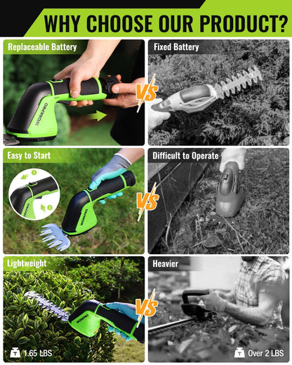 WORKPRO 12V Cordless Grass Shear, 2-in-1 Electric Hedge Trimmer & Grass Cutter, with 2.0Ah Rechargeable Battery, 1-Hour Fast Charger, Lightweight Handheld Bush Trimmer for Lawn and Garden
