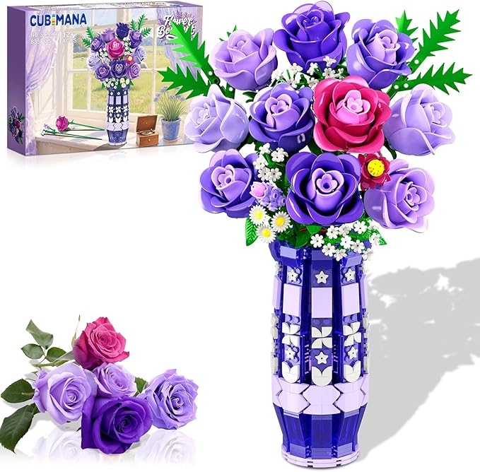 Purple Roses Flowers Building Set with Vase &amp LED Light 17 Mini Flowers Bouquet Building Blocks Toy for Adults Artificial Flowers for Home Office Decor &amp Display Gifts for Women &amp Men