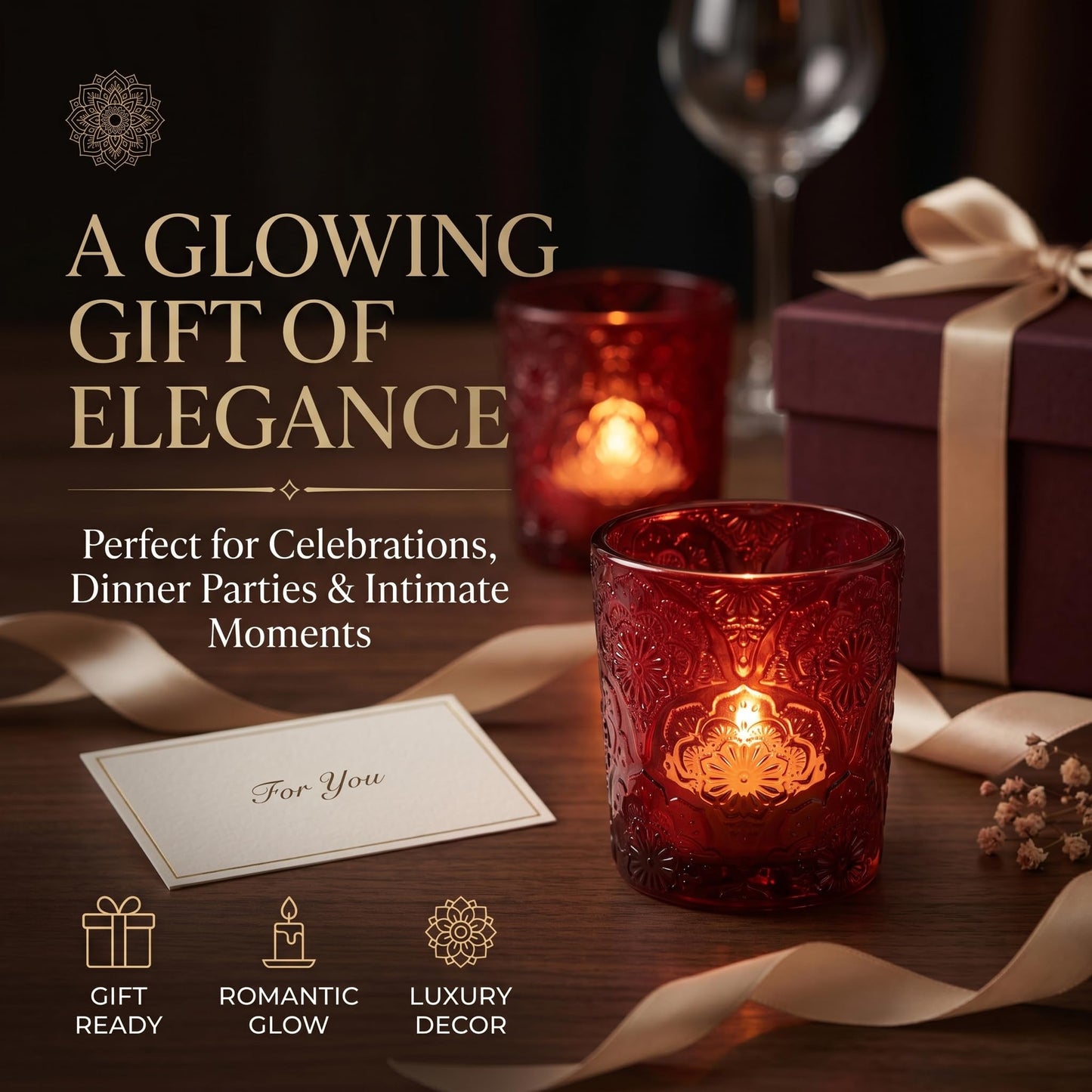 6 Pack Mandala Embossed Glass Candle Holders – Votive Tealight Holders with Patent Design, Decorative Embossed Glass Cups for Wedding Centerpieces, Parties, and Home Décor (Wildberry Red)
