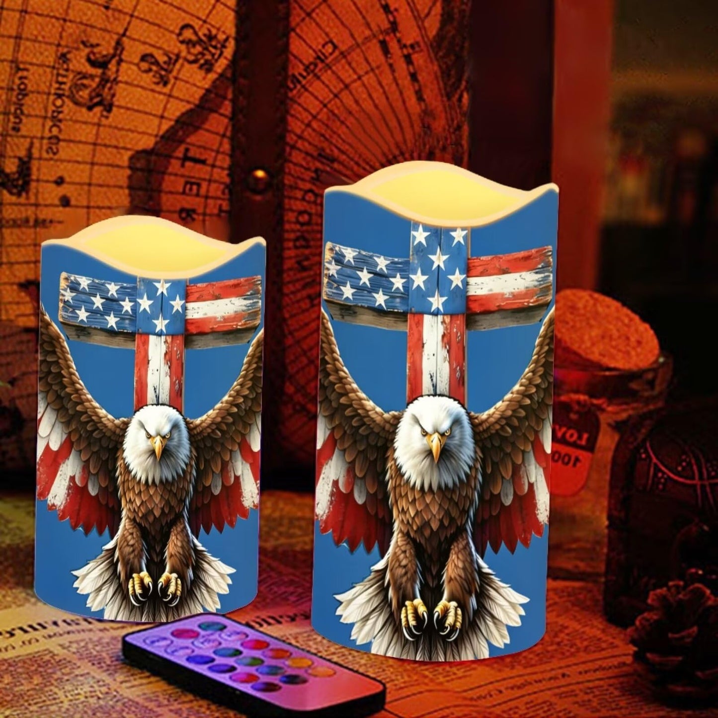 Uorisanigo Independence Day Flameless LED Candles Set of 4 with Remote Control American Flag Patriotic Battery Operated Decorative Candles Featuring Bald Eagle Stars Stripes Flickering Flame