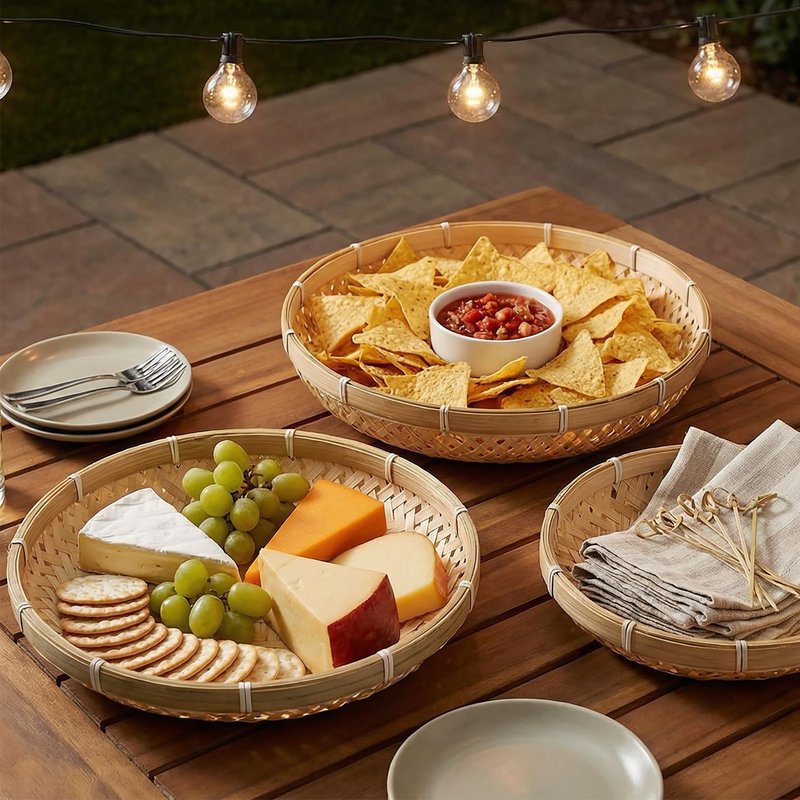 Hiceeden 3 Pack Round Bamboo Serving Trays, Decorative Wicker Basket Tray for Food, Natural Woven Shallow Tray for Fruit, Vegetables, Bread