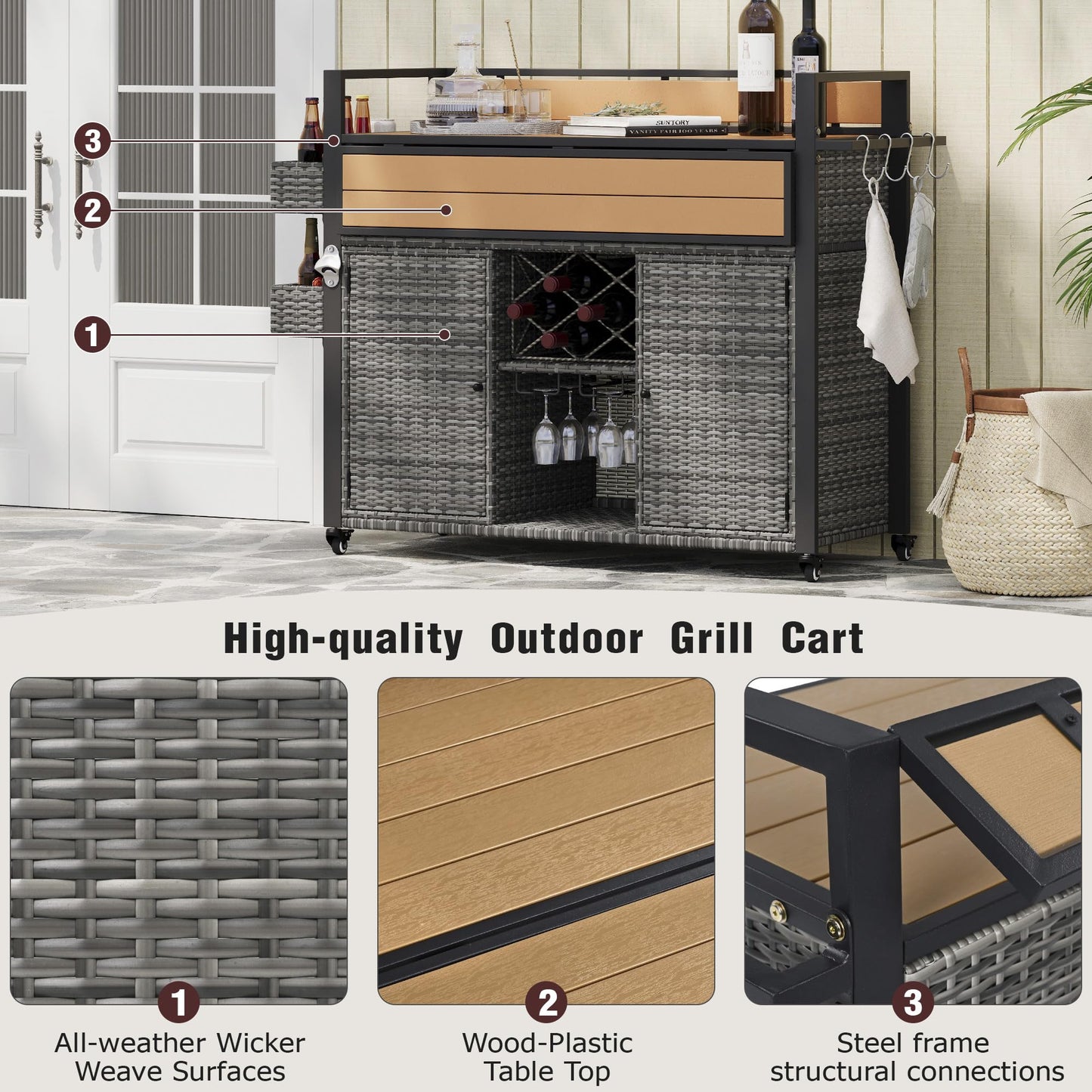 Trygoal Outdoor Grill Cart BBQ Prep Station, Double Tabletop Rolling Wicker Kitchen Island with 7 Adjustable Shelves & Wine Rack, Weather-Resistant Storage Cabinet for Patio Backyard Garden, Gray