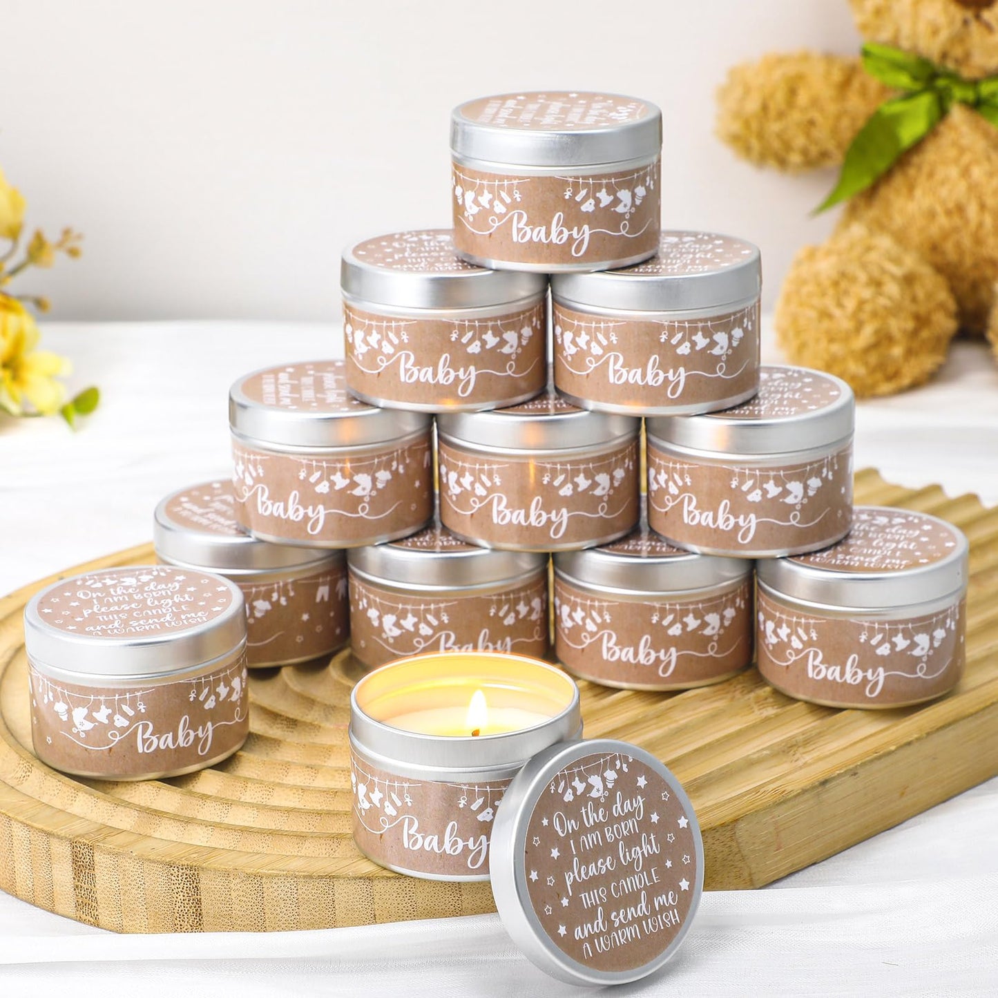 MTLEE 24 Pcs Kraft Paper Baby Shower Party Favors Candles Lavender Scented Baby Shower Favors for Guests Rustic Tealights Candles Gender Reveal Return Gifts (1.2 oz, Khaki)