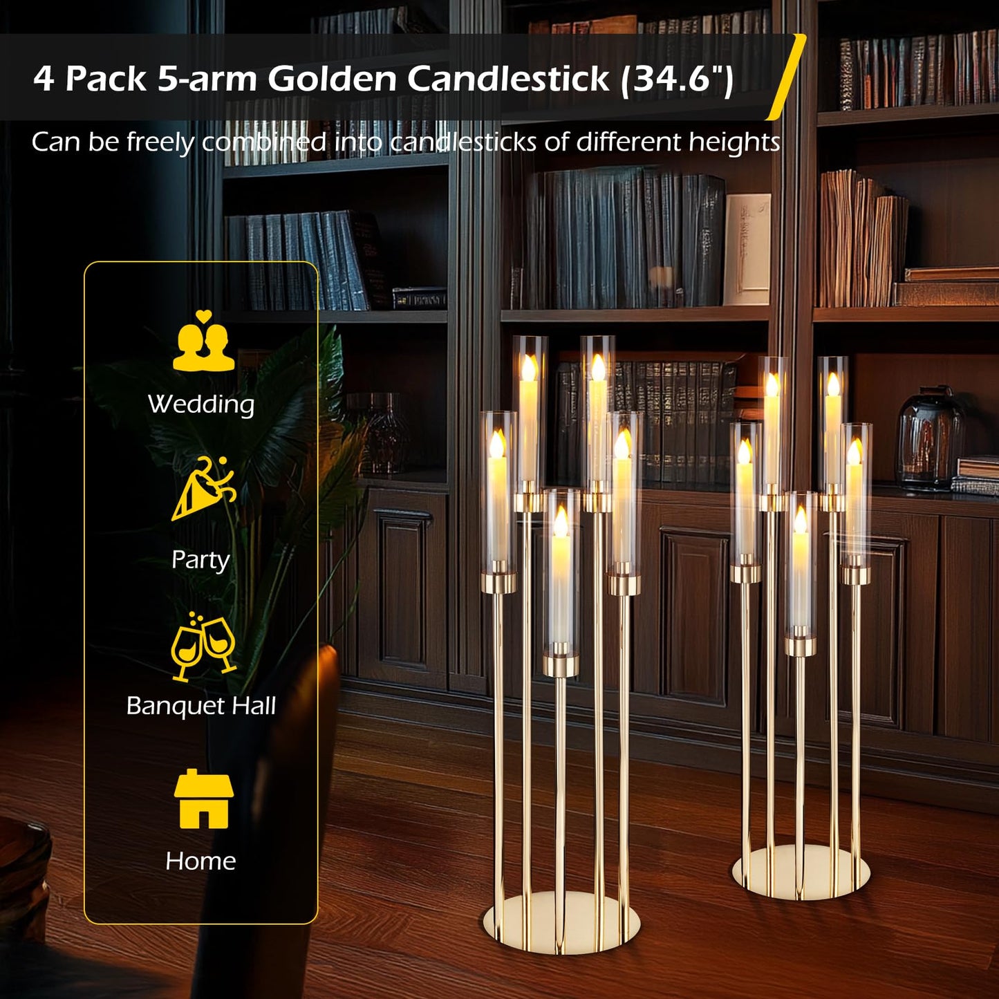 Dyna-Living Gold Candelabra 4 Set 34.6'' Tall Candelabras Centerpieces for Tables, 5 Arm Candle Holders Centerpiece with Acrylic Lampshade, Gold Candelabras Floor Stands for Wedding Party Home