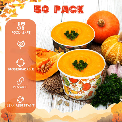 Uiifan 50 Pcs Fall Snack Cups 8 oz Disposable Pumpkin Bowls Maple Leave Plaid Thanksgiving Cups Disposable Dessert Fall Party Bowls for Ice Cream Soup Hot Cold Food Party Supplies 5 Styles