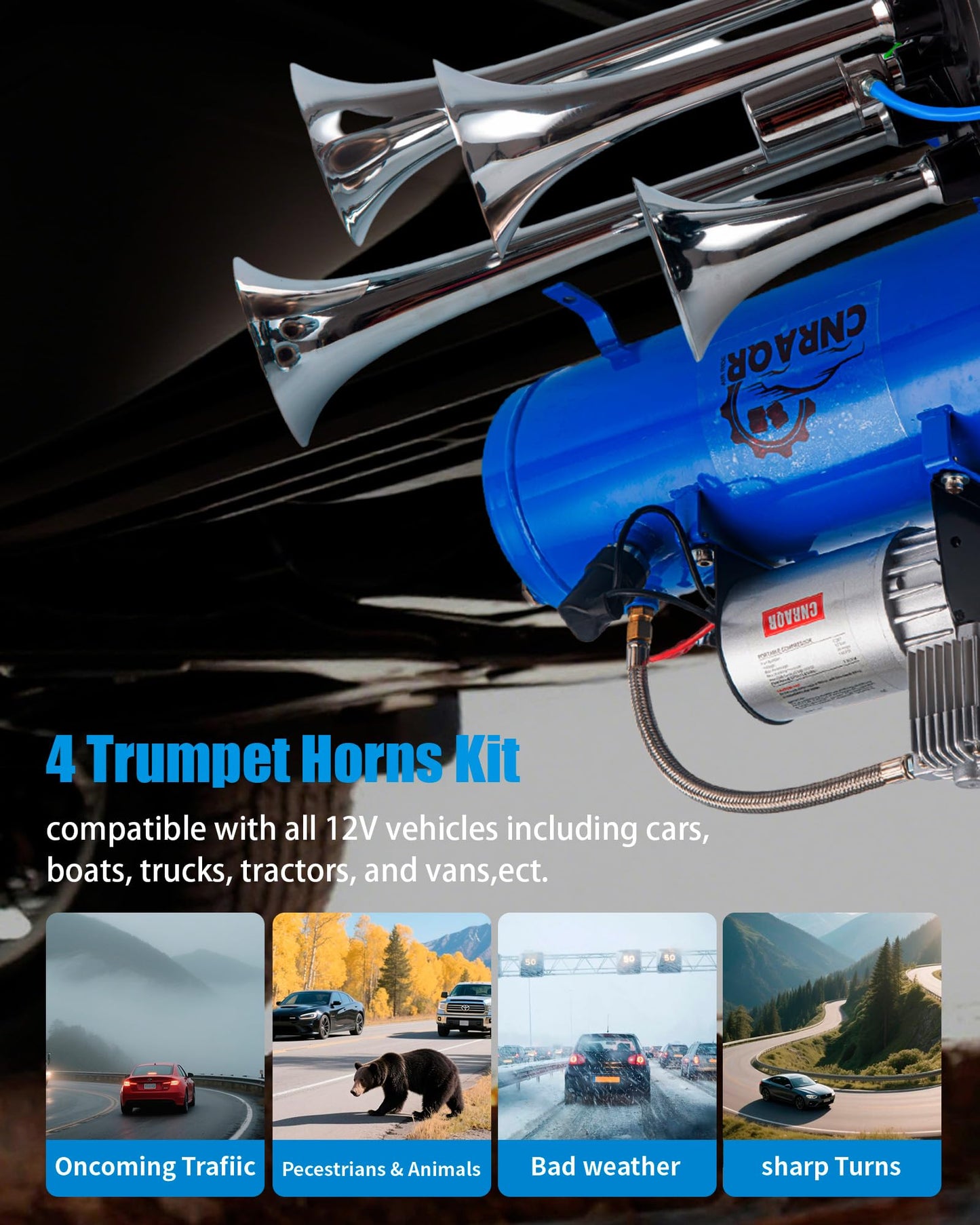 CNRAQR 178DB 4 Horns Train Horn with 1.6 gallon Air Tank and 150 PSI Compressor 12V Kit Train Horn 6 L Air Horn Kit for Truck Car Jeep SUV Train Boat