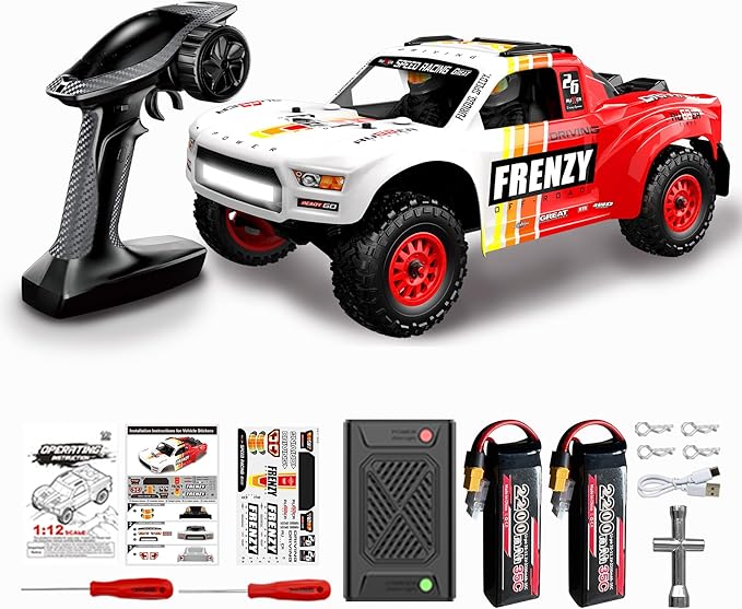 1:12 4WD Brushless RC Truck for Adults 4x4 Offroad Waterproof Monster Trucks Electric Powered High Speed Remote Control Cars Fast Extreme All Terrain RC Truggy with Double 3S Battery