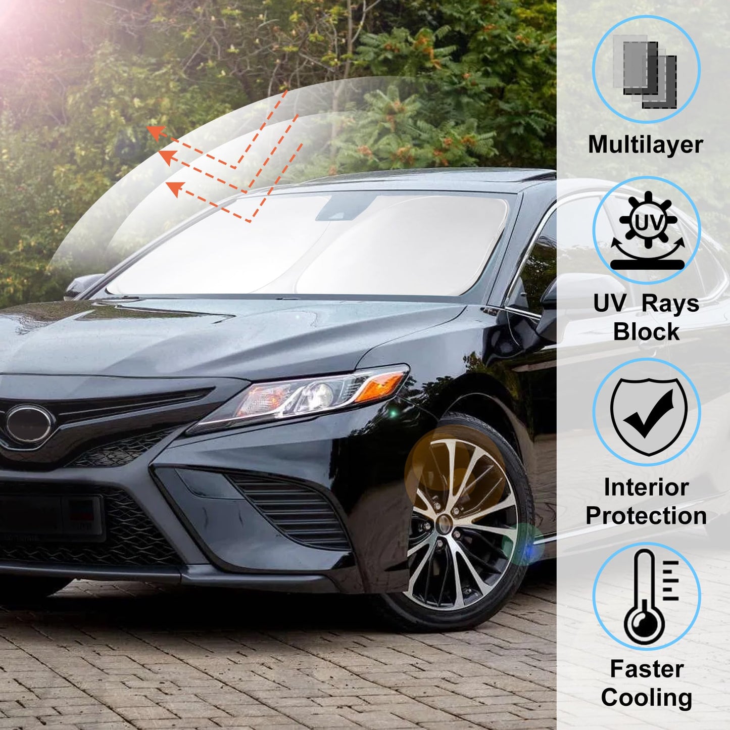 Windshield Sun Shade Custom Fit 2018-2024 Toyota Camry LE XLE Hybrid SE XSE Sedan Accessories Front Foldable Window Sunshade