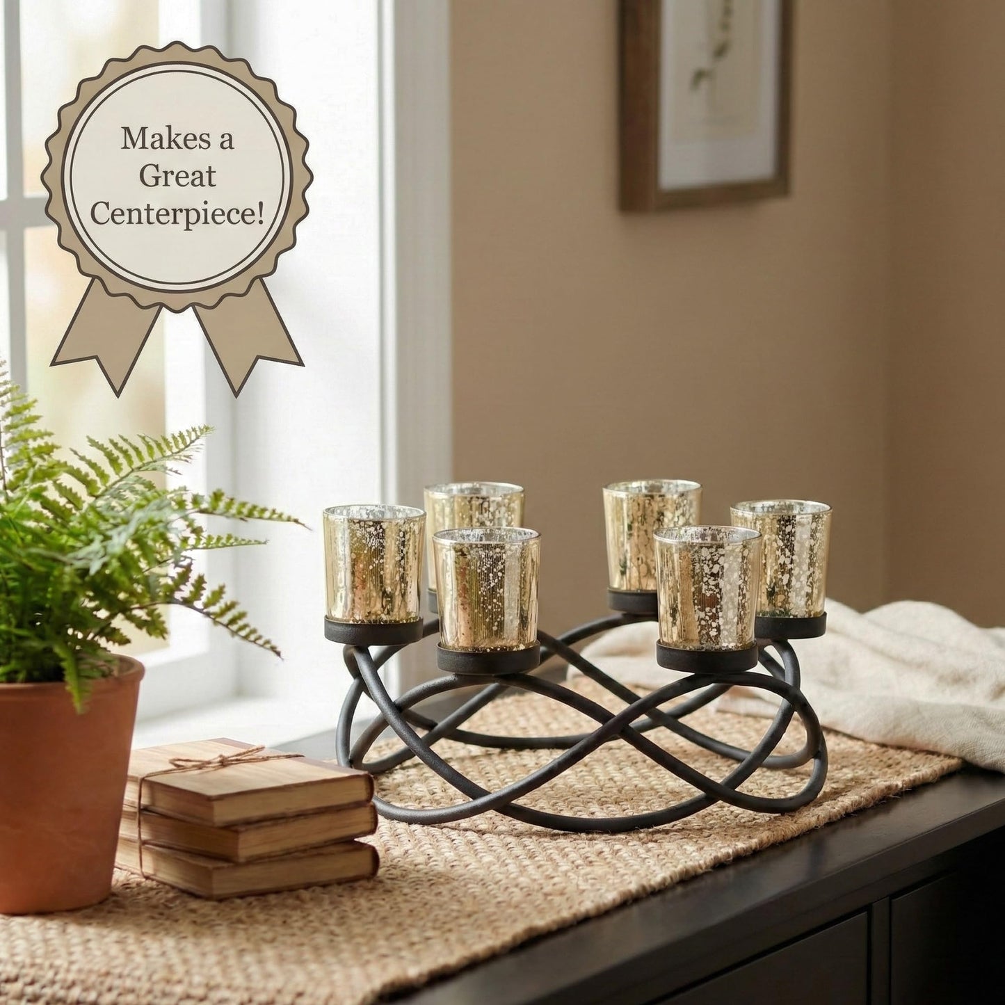 Seraphic Centerpieces for Table Decorations - Round Candle Holders for Outdoor Patio, Dining, Kitchen, Coffee & Wedding Table Decor, Black Iron Candelabra, 6 Gold Glass Votive Tealight Cups