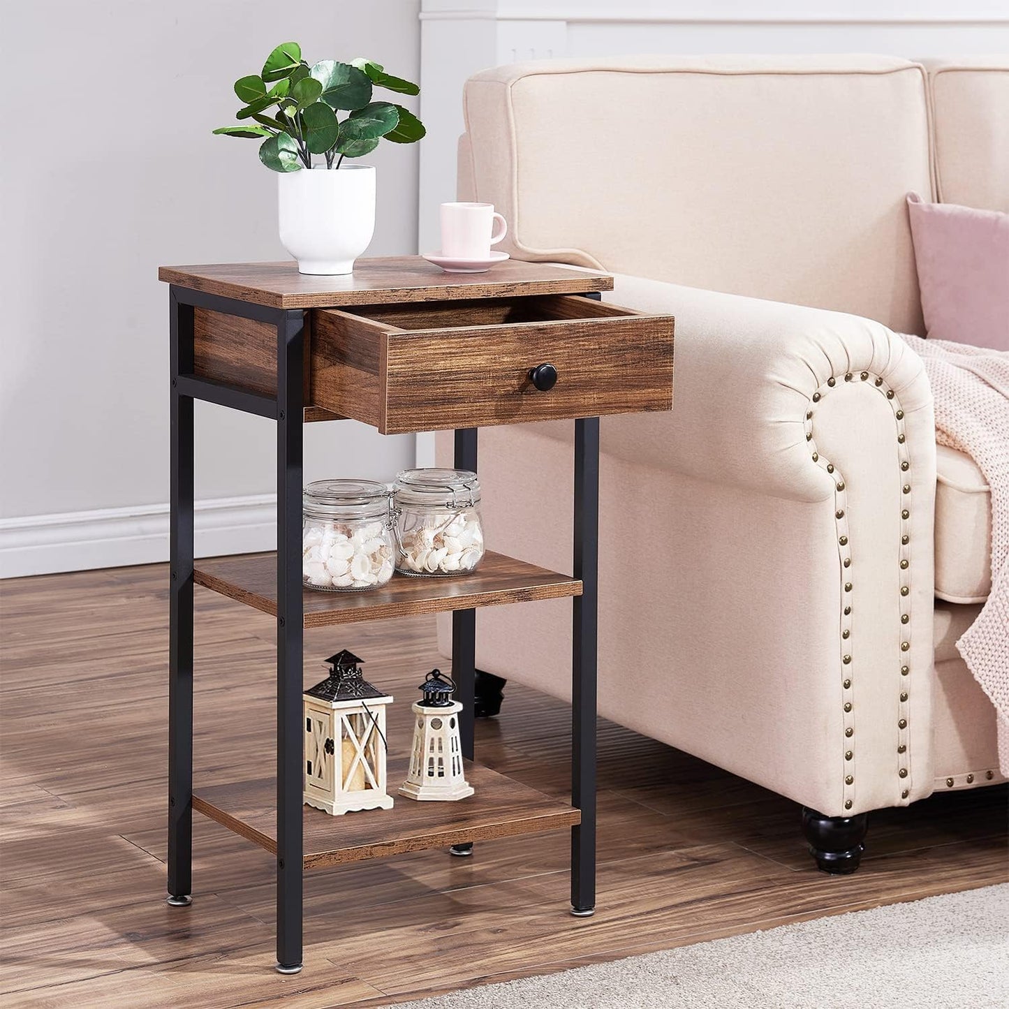 VECELO Tall End Table with Adjustable Shelf Night Stand with Drawer for Small Spaces,Living Room Bedroom, Brown,Set of 2