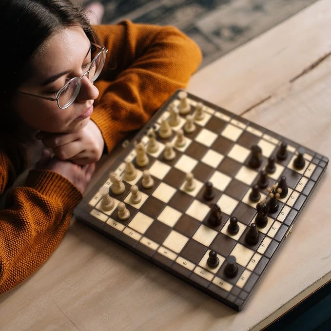 Husaria European International Chess Wooden Game Set King's Classic - 13.8 Inches Medium Size Chess Set with Handcrafted Chessmen and Felted Folding Board