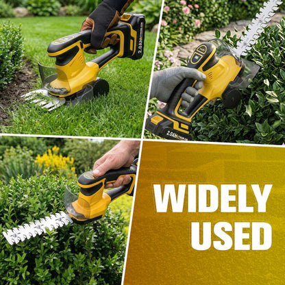 FULLYEA Cordless Hedge Trimmer, 2-in-1 Electric Shrub Trimmer & Grass Shear, Lightweight Bush Trimmer with 2 Blades & 2*2.0Ah Batteries, Handheld Grass Trimmer, Battery Powered Hedge Cutter (Yellow)