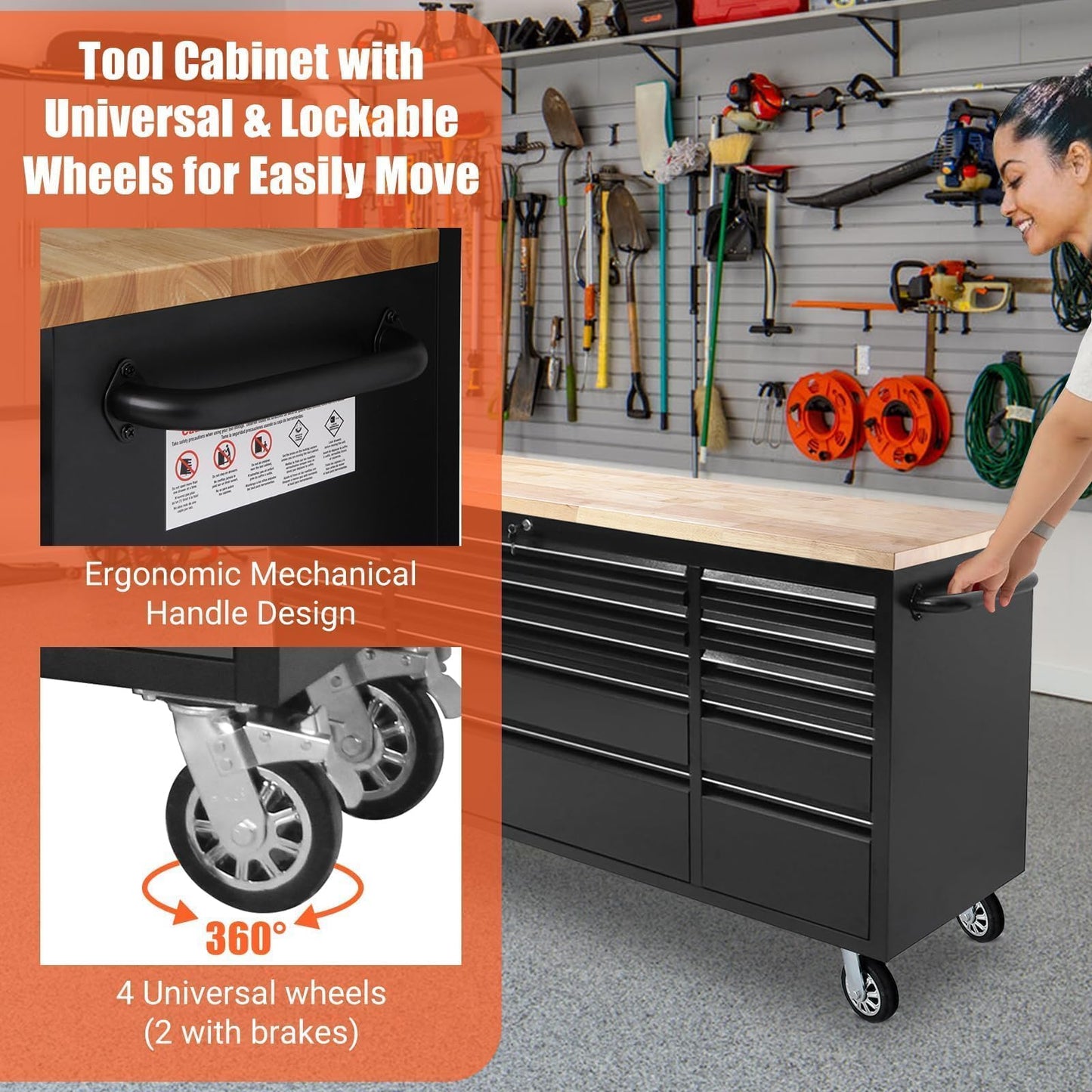 72" Heavy Duty Rolling Tool Chest,Locking Steel Tool Cabinet with 15 Drawers Mobile Workbench with Rubber Wood Work Surface Tool Box with Wheels for Workshop