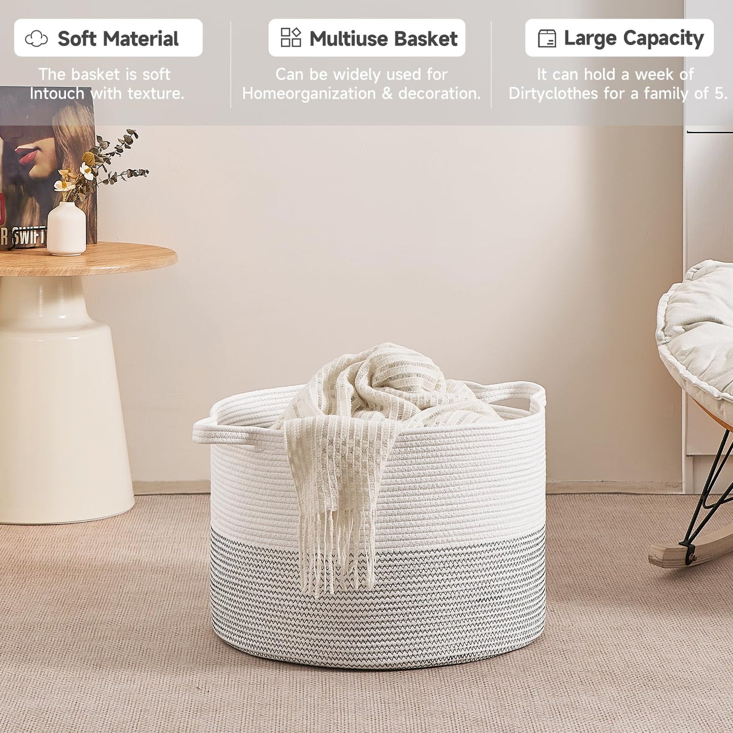 CLHMILY&Z Large Storage Basket - 20x13 Inches - Blanket Basket for Living Room, Woven Storage Basket, Large Laundry Basket for Clothes, for Tree Plant, Mix White