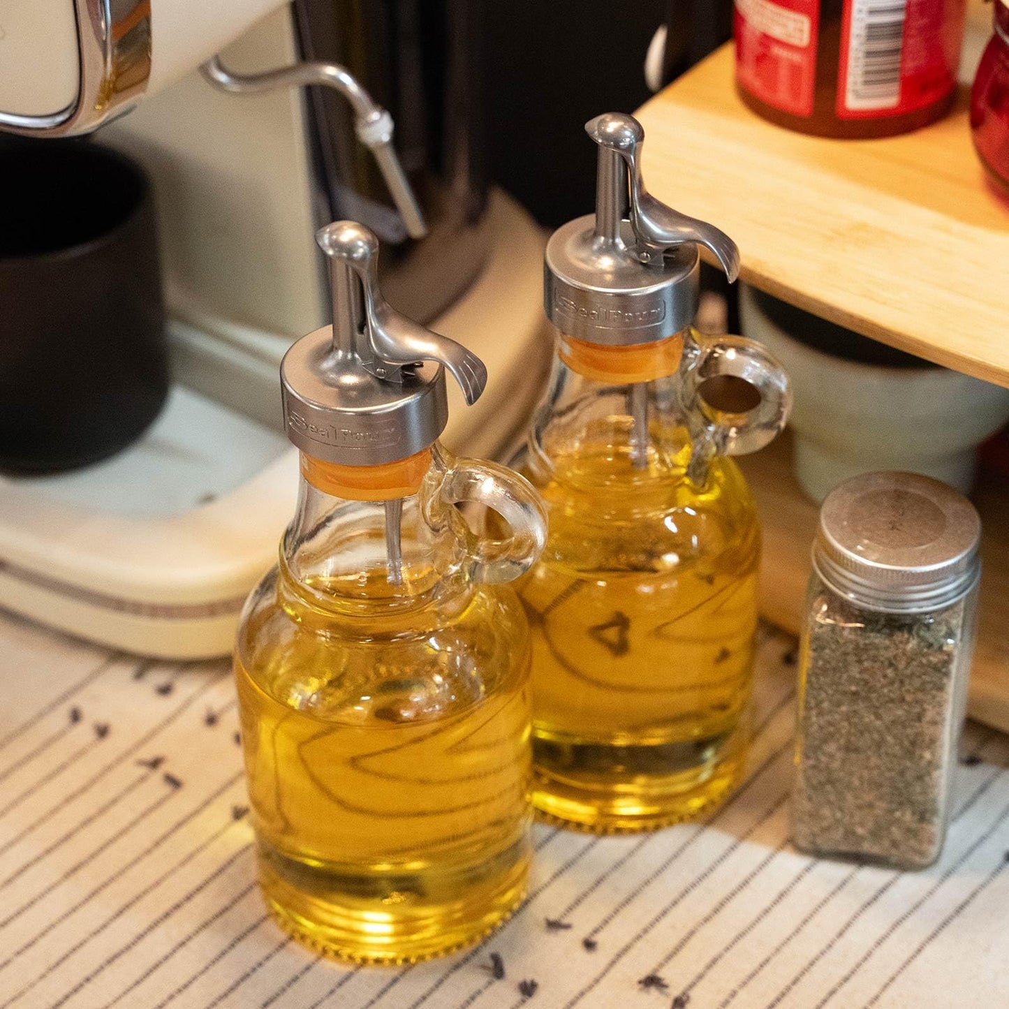 Olive Oil Dispenser Bottle,Glass Oil Dispenser with Stainless Steel Spouts,Oil Bottles for Kitchen, Oil Dispenser Bottle with Drip Free Spouts (2pcs) 12 oz