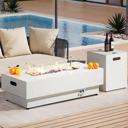 IRONCK 50-Inch Outdoor Propane Fire Pit Table w Tank Table, CSA Certified, Rectangular Patio Fire Pit w Glass Rocks, Wind Guard and Cover, 58000 BTU 2 in 1 Outdoor Heater for Deck Garden, White