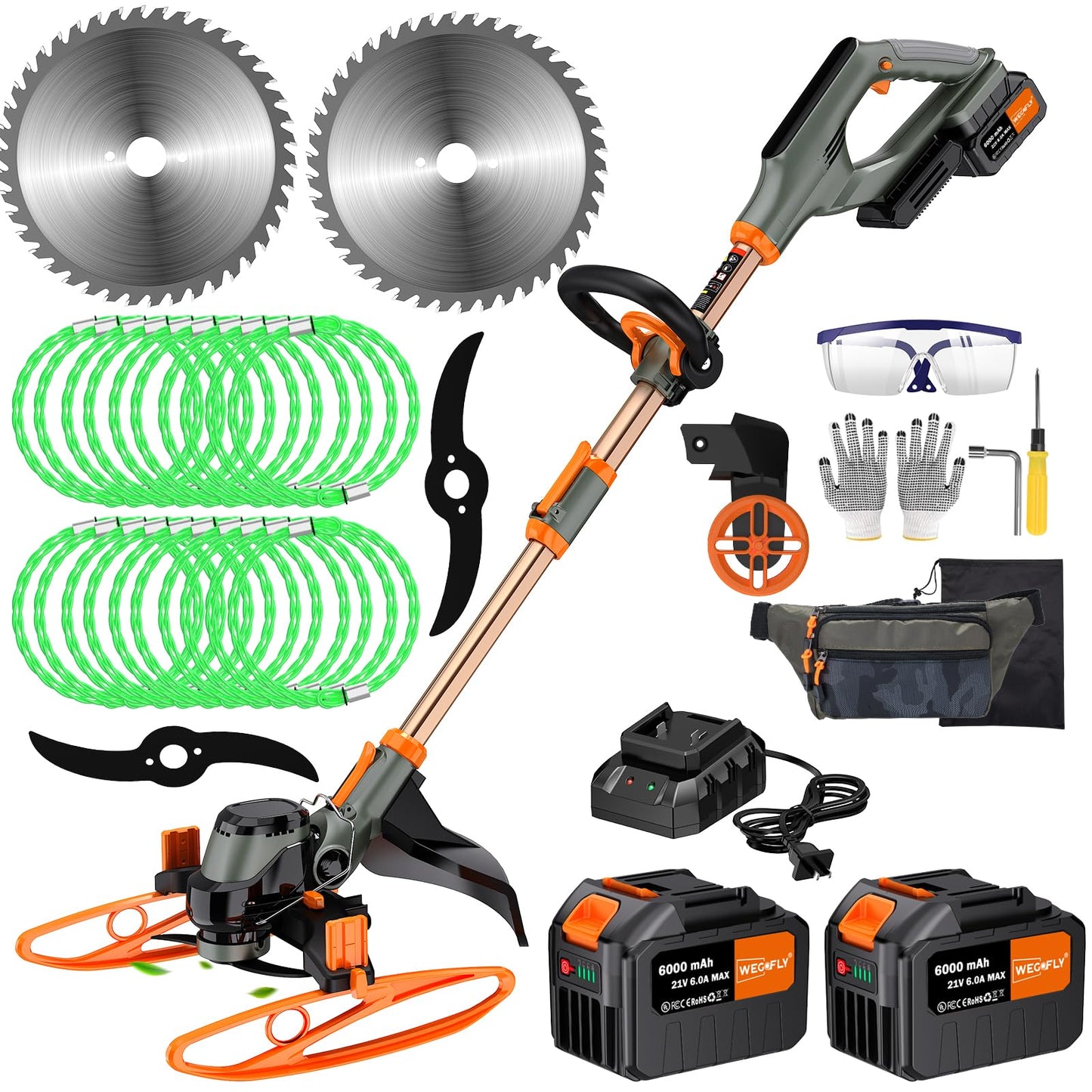 WeGofly 14" Electric Weed Wacker, 4 in 1 Cordless String Trimmer/Lawn Edger/Lawn Mower/Brush Cutter with Steel Gears, 2×21V 6.0Ah Batteries & Charger, Lightweight Grass Trimmer for Yard Garden
