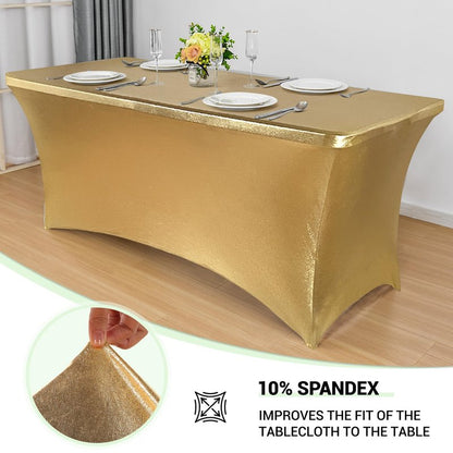 Obstal 6ft Stretch Spandex Table Cover for Standard Folding Tables - Universal Rectangular Fitted Tablecloth Protector for Wedding, Banquet and Party, 72L x 30W x 30H Inches, Stamping Gold, 2pc