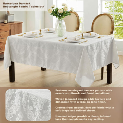Newbridge Barcelona Luxury Damask Fabric Tablecloth, 70” Extra Wide x 144” Rectangle, White, 100% Polyester, No Iron, Soil Resistant Dining Room, Party and Banquet Table Cover