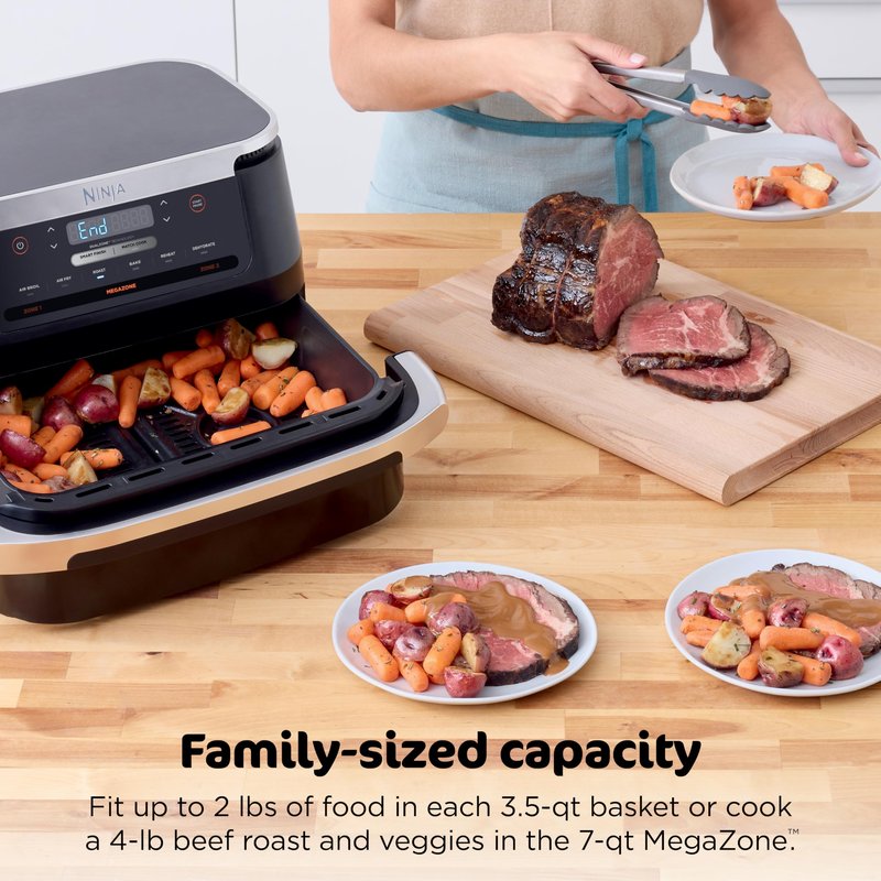 Ninja Foodi Air Fryer | 6-in-1 with 7-QT MegaZone & Basket Divider for Large Proteins & Full Meals | Cook 2 Foods at Once | 450° F | Air Fry, Roast, Broil, Dehydrate, Keep Warm & Bake | Black | DZ071