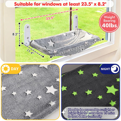 Zoratoo Cat Window Perch, Glow in The Dark Cordless Foldable Pet Hammock Bed for Window with Sturdy Metal Frame, Glowing Stars Pattern Resting Seat for Indoor Cats (Stars - M)