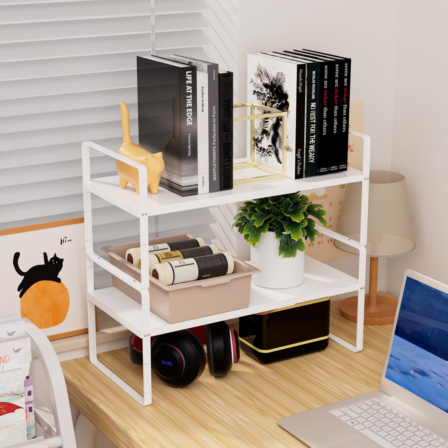 WEJIPP Cabinet Organizer Shelf,Expandable Cabinet Space Rack,Stackable Shelves Adjustable Storage Shelf,Riser for Kitchen Pantry Office,10.24" D,White