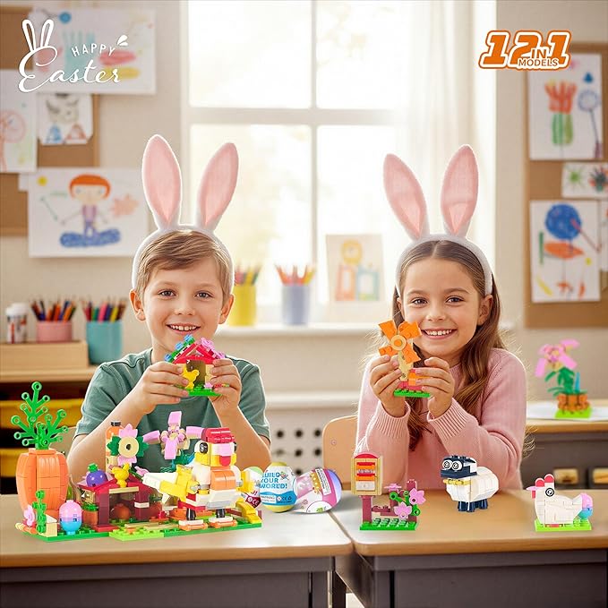 2026 New Easter Gifts Building Set for Kids -12-in-1 Happy Farm Village Building Toy with Prefilled Eggs Easter Basket Stuffer &amp Decorations for Boys &amp Girls 6+ with Farm Animals Hen &amp