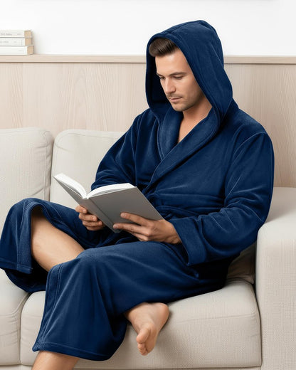 NY Threads Mens Robe with Hood, Luxury Plush Fleece Hooded Mens Bathrobe, Spa Bath Robe for Men, Large/X-Large, Navy